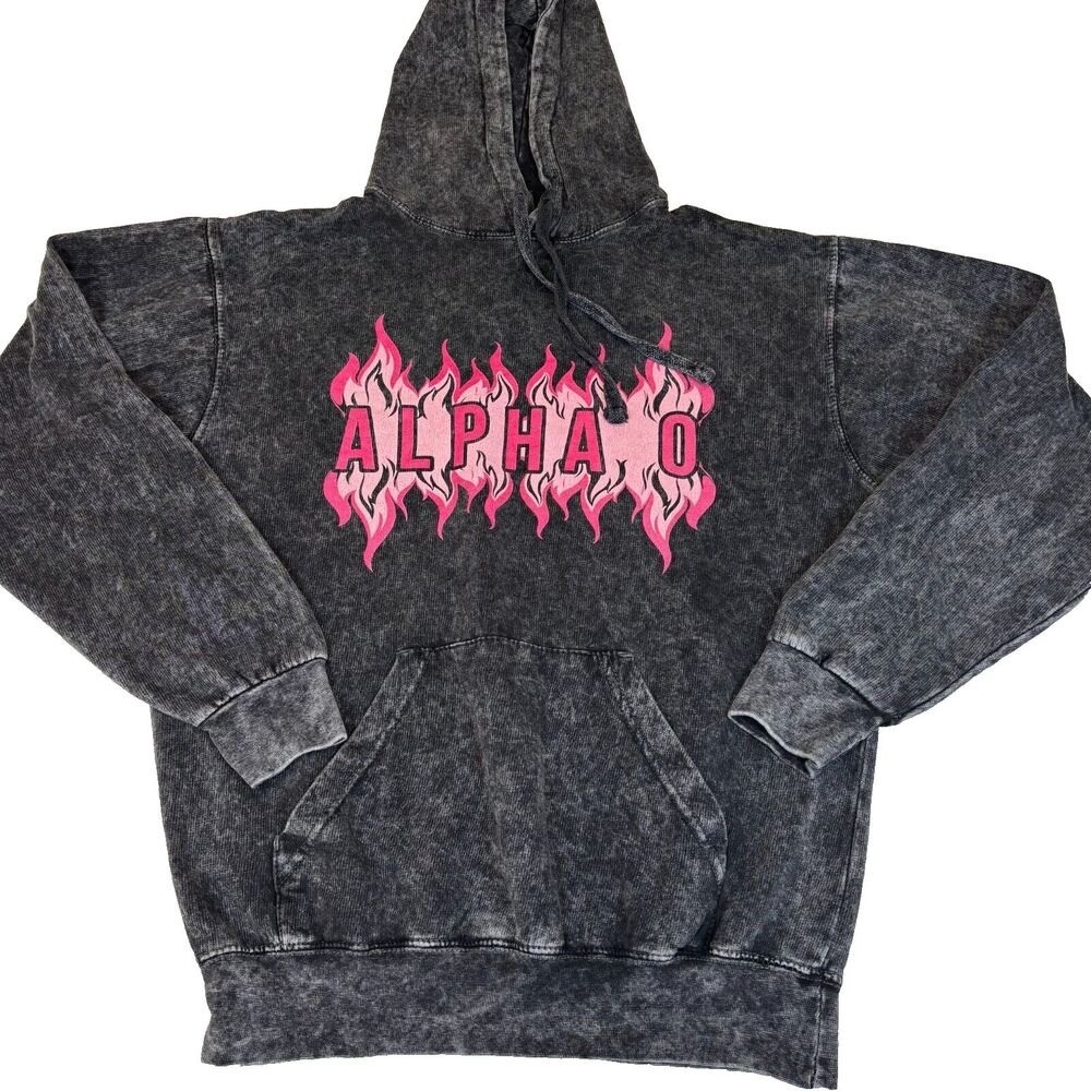 Alpha 0 Black Acid Wash Hoodie Pockets Long Sleeves Pink Flames Small Colortone